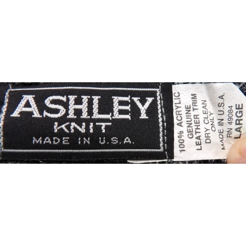 VTG Ashley Knit Sweater Men L Gray Black Abstract Geometric Leather Trim USA 90s